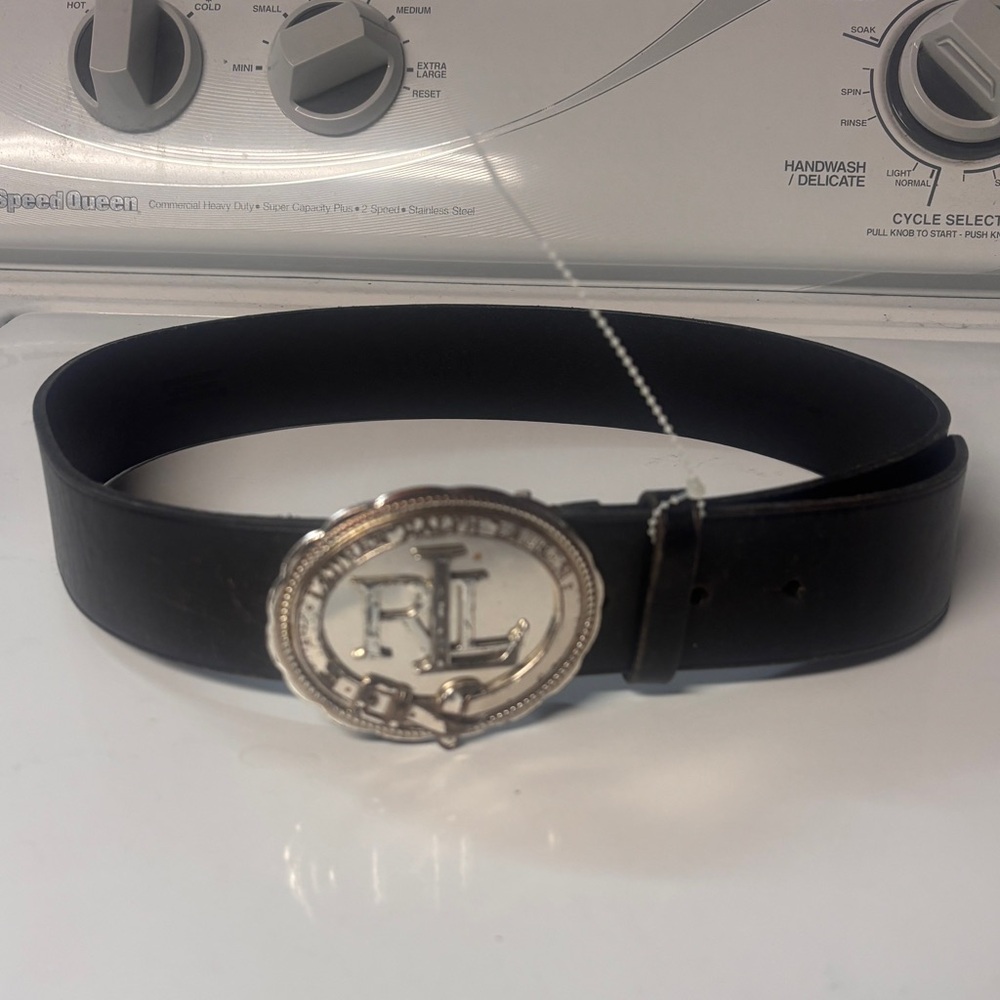 Ralph Lauren Black Leather Belt with Silver RL Oval Buckle